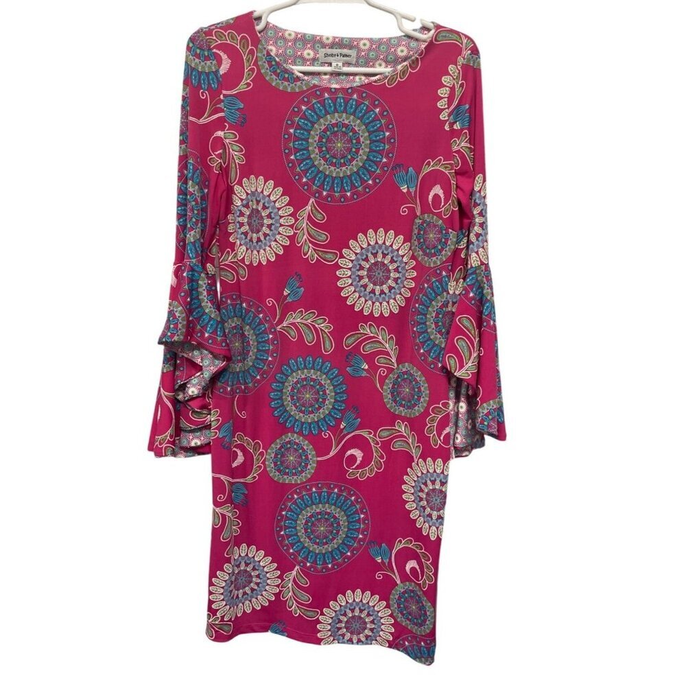 Shelby & Palmer Pink Teal Mandala Print Sheath Dress Flared Sleeves Size 8 BOHO‎